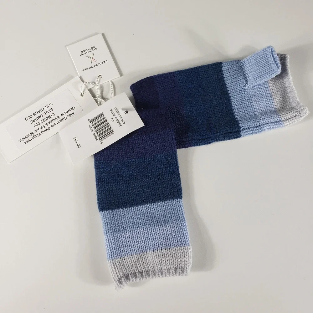 Carolyn Rowan Kid Cashmere Blenda Fingerless Gloves Blue Ombre Stripes Flower OS